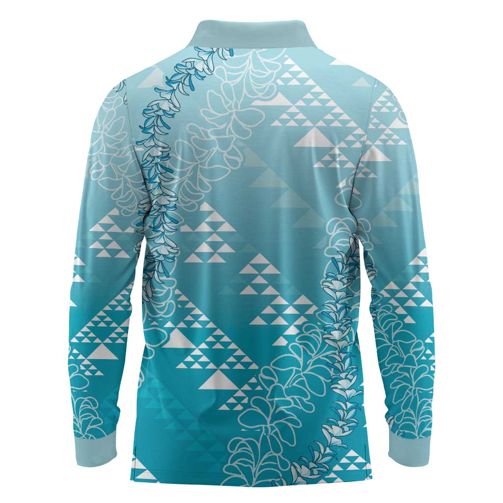 Hawaii Turquoise Kapa Long Sleeve Polo Shirt Vintage 'Ohe Kāpala Motifs Mix Plumeria Leis