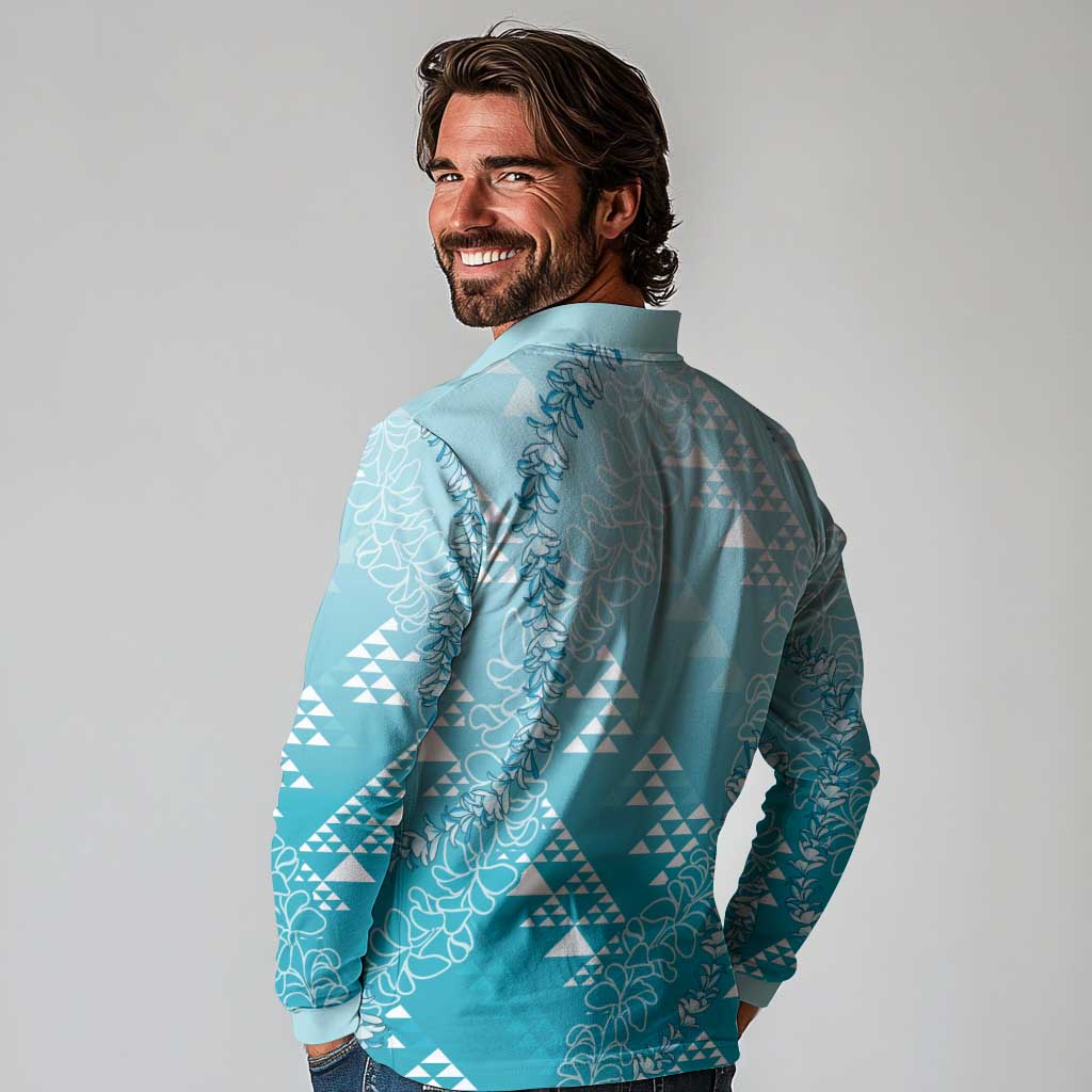 Hawaii Turquoise Kapa Long Sleeve Polo Shirt Vintage 'Ohe Kāpala Motifs Mix Plumeria Leis