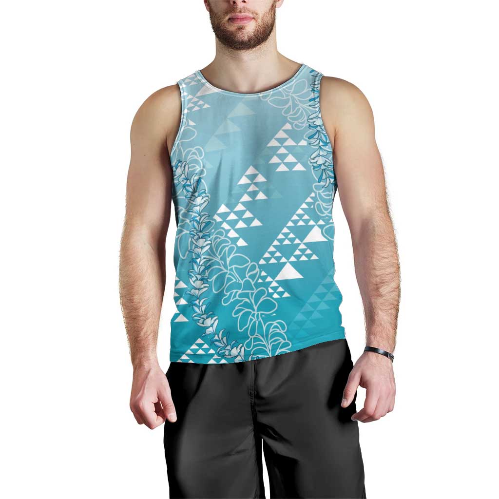 Hawaii Turquoise Kapa Men Tank Top Vintage 'Ohe Kāpala Motifs Mix Plumeria Leis