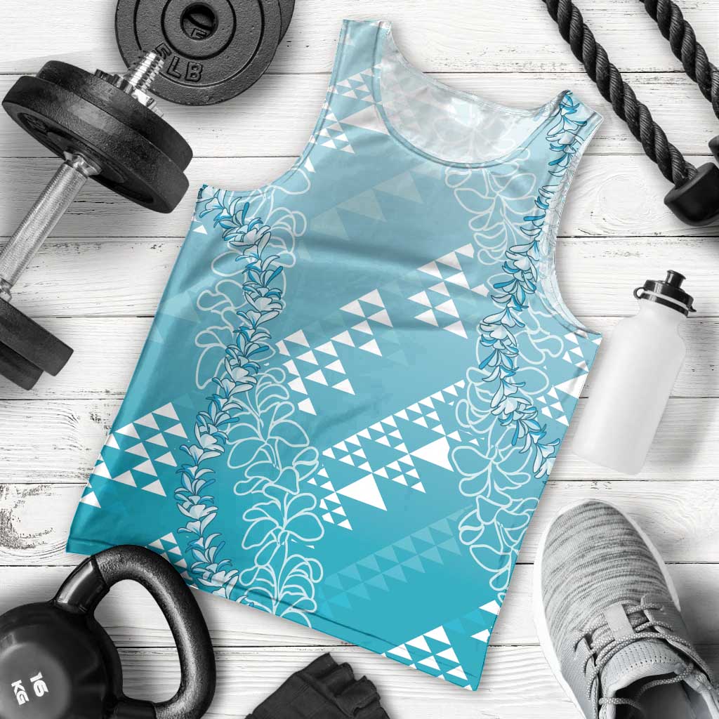 Hawaii Turquoise Kapa Men Tank Top Vintage 'Ohe Kāpala Motifs Mix Plumeria Leis