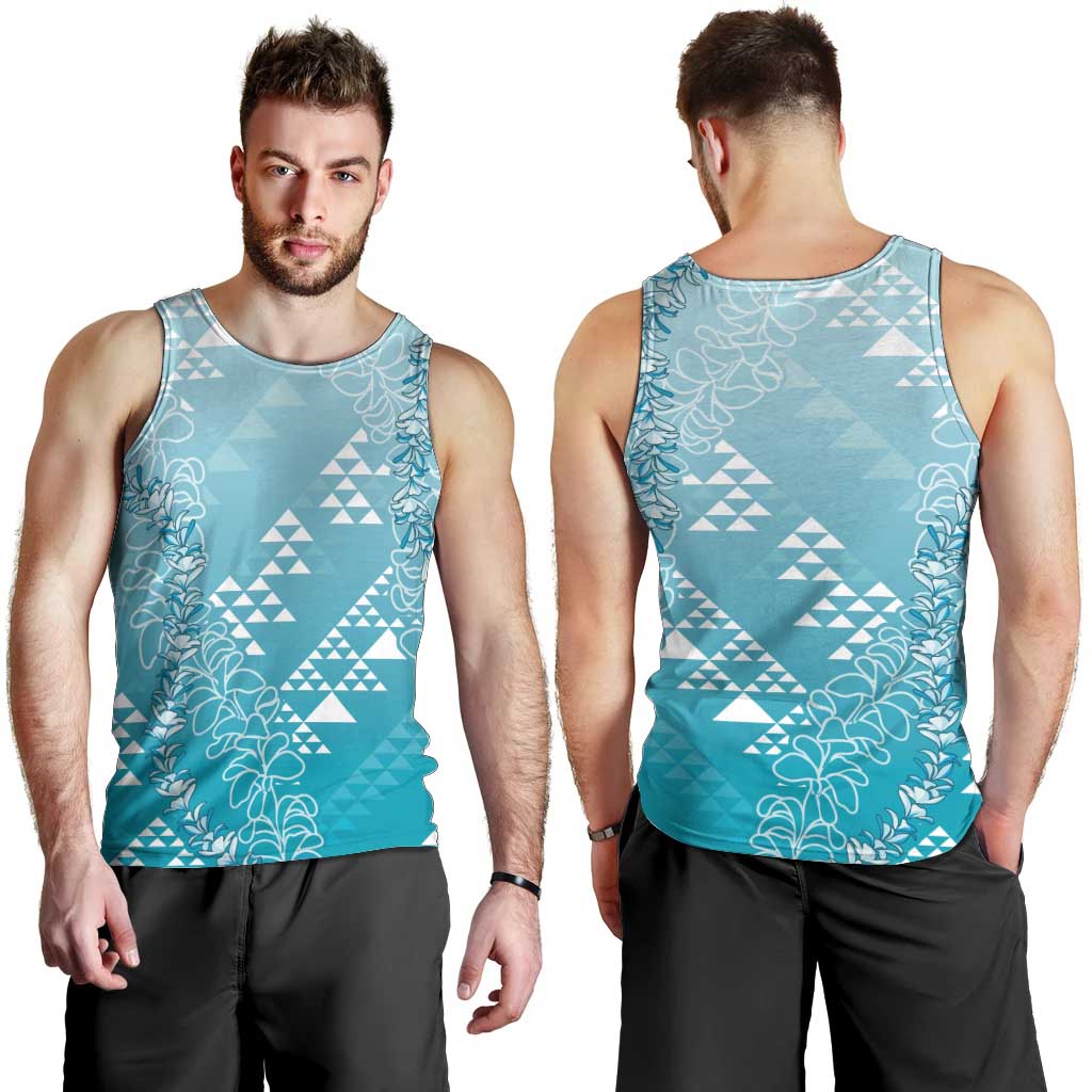 Hawaii Turquoise Kapa Men Tank Top Vintage 'Ohe Kāpala Motifs Mix Plumeria Leis