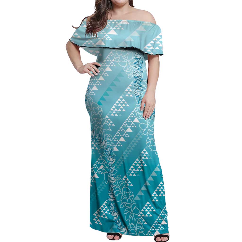 Hawaii Turquoise Kapa Off Shoulder Maxi Dress Vintage 'Ohe Kāpala Motifs Mix Plumeria Leis