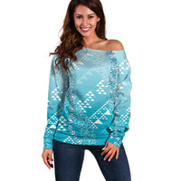 Hawaii Turquoise Kapa Off Shoulder Sweater Vintage 'Ohe Kāpala Motifs Mix Plumeria Leis LT7 Women Turquoise - Polynesian Pride