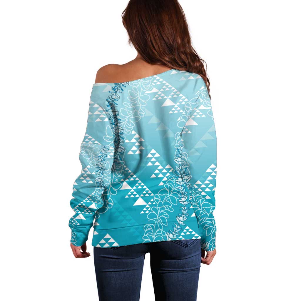 Hawaii Turquoise Kapa Off Shoulder Sweater Vintage 'Ohe Kāpala Motifs Mix Plumeria Leis LT7 - Polynesian Pride