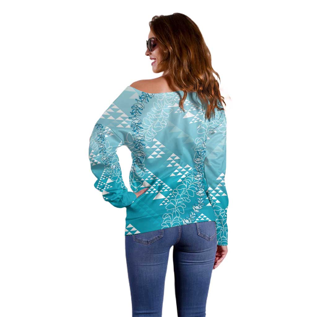 Hawaii Turquoise Kapa Off Shoulder Sweater Vintage 'Ohe Kāpala Motifs Mix Plumeria Leis LT7 - Polynesian Pride