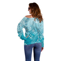 Hawaii Turquoise Kapa Off Shoulder Sweater Vintage 'Ohe Kāpala Motifs Mix Plumeria Leis LT7 - Polynesian Pride