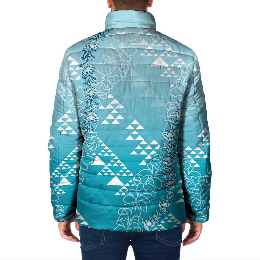 Hawaii Turquoise Kapa Padded Jacket Vintage 'Ohe Kāpala Motifs Mix Plumeria Leis