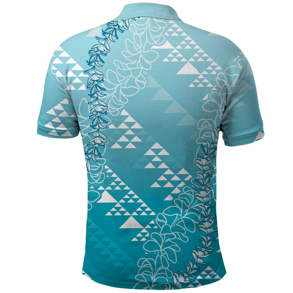 Hawaii Turquoise Kapa Polo Shirt Vintage 'Ohe Kāpala Motifs Mix Plumeria Leis