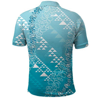 Hawaii Turquoise Kapa Polo Shirt Vintage 'Ohe Kāpala Motifs Mix Plumeria Leis