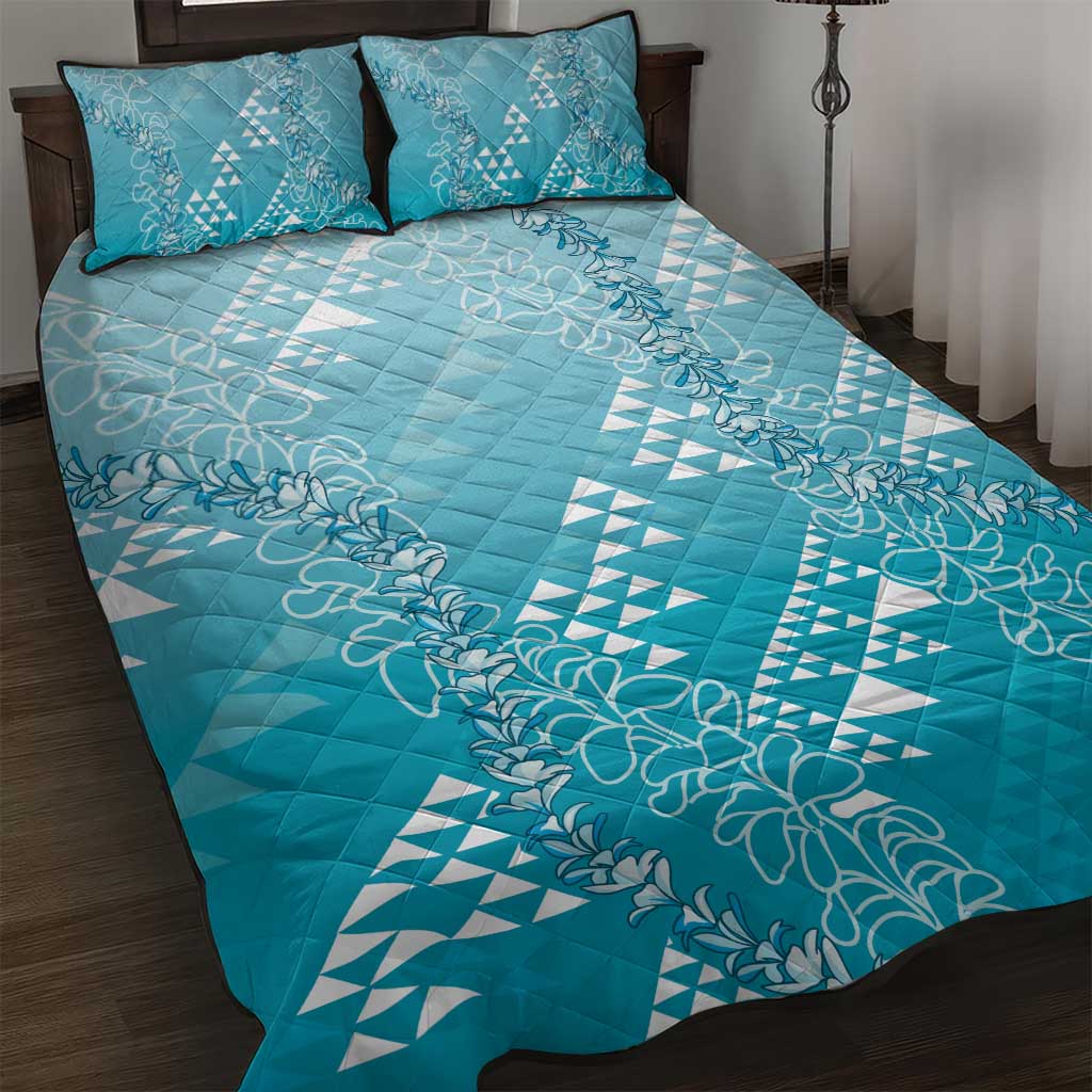 Hawaii Turquoise Kapa Quilt Bed Set Vintage 'Ohe Kāpala Motifs Mix Plumeria Leis