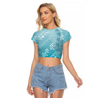 Hawaii Turquoise Kapa Raglan Cropped T Shirt Vintage 'Ohe Kāpala Motifs Mix Plumeria Leis