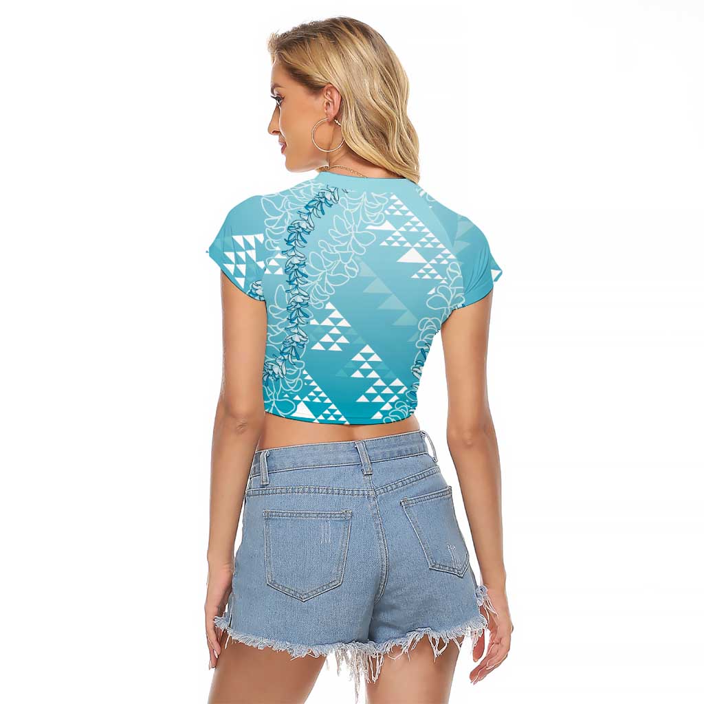 Hawaii Turquoise Kapa Raglan Cropped T Shirt Vintage 'Ohe Kāpala Motifs Mix Plumeria Leis