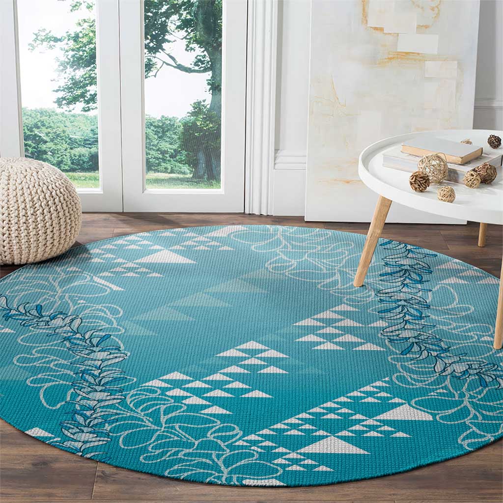Hawaii Turquoise Kapa Round Carpet Vintage 'Ohe Kāpala Motifs Mix Plumeria Leis