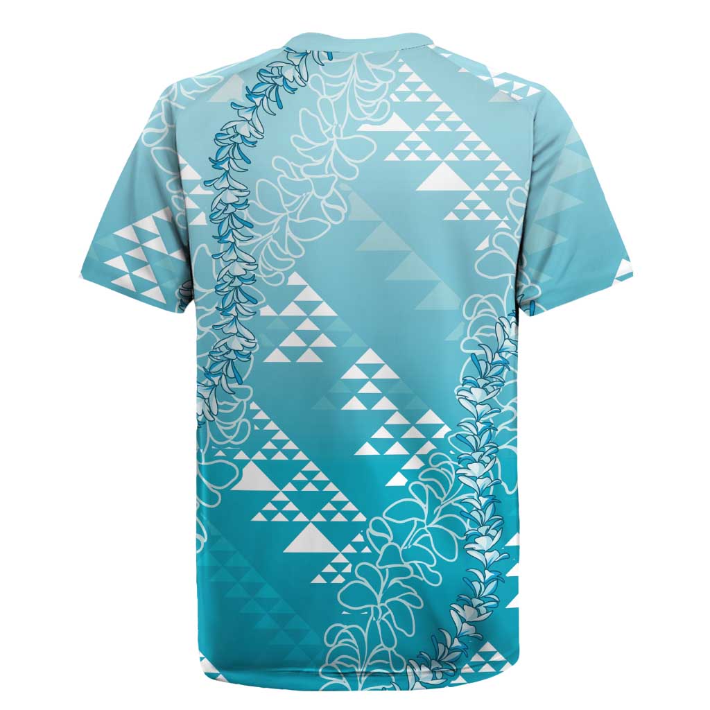 Hawaii Turquoise Kapa Rugby Jersey Vintage 'Ohe Kāpala Motifs Mix Plumeria Leis LT7 - Polynesian Pride