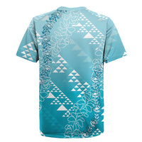 Hawaii Turquoise Kapa Rugby Jersey Vintage 'Ohe Kāpala Motifs Mix Plumeria Leis LT7 - Polynesian Pride