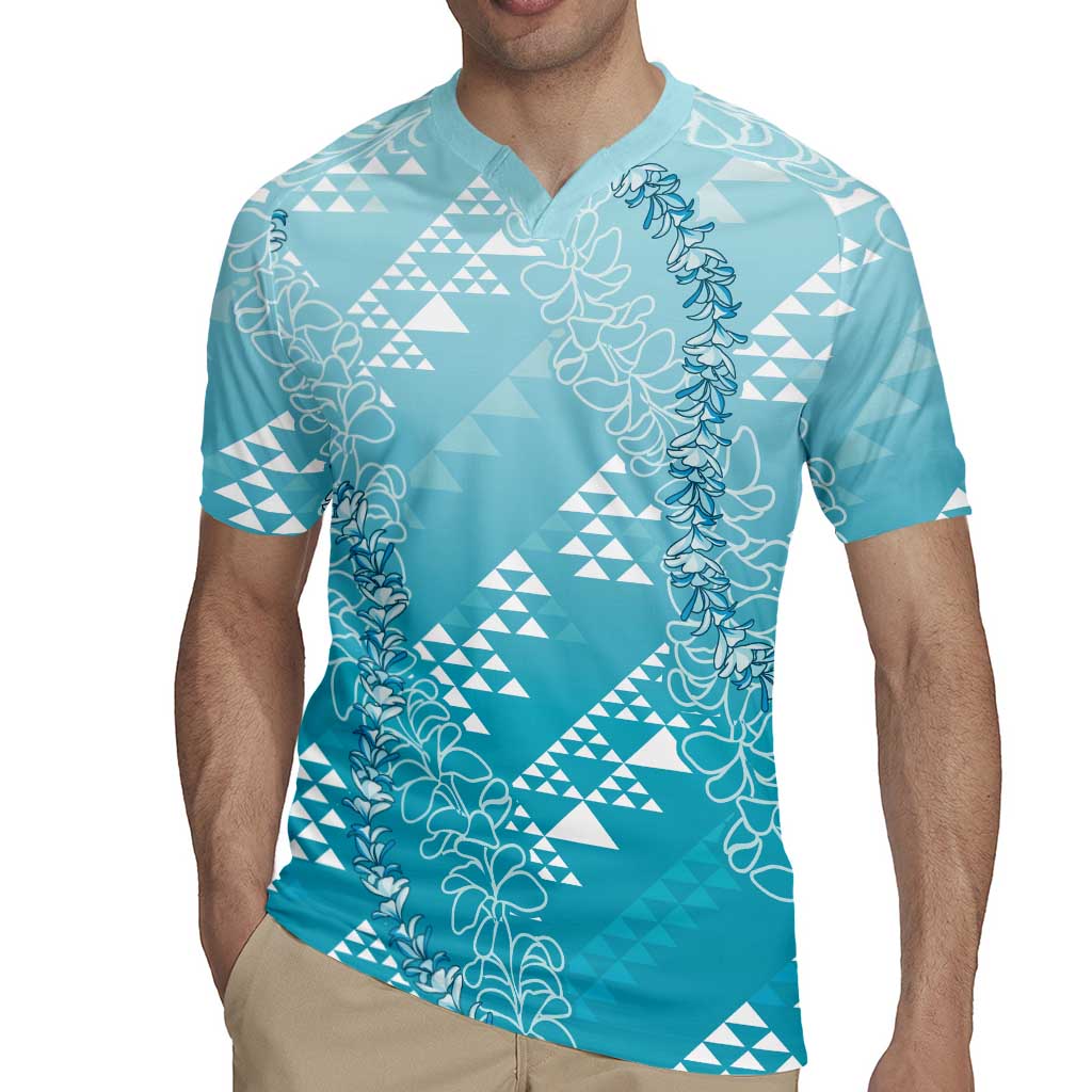 Hawaii Turquoise Kapa Rugby Jersey Vintage 'Ohe Kāpala Motifs Mix Plumeria Leis LT7 - Polynesian Pride