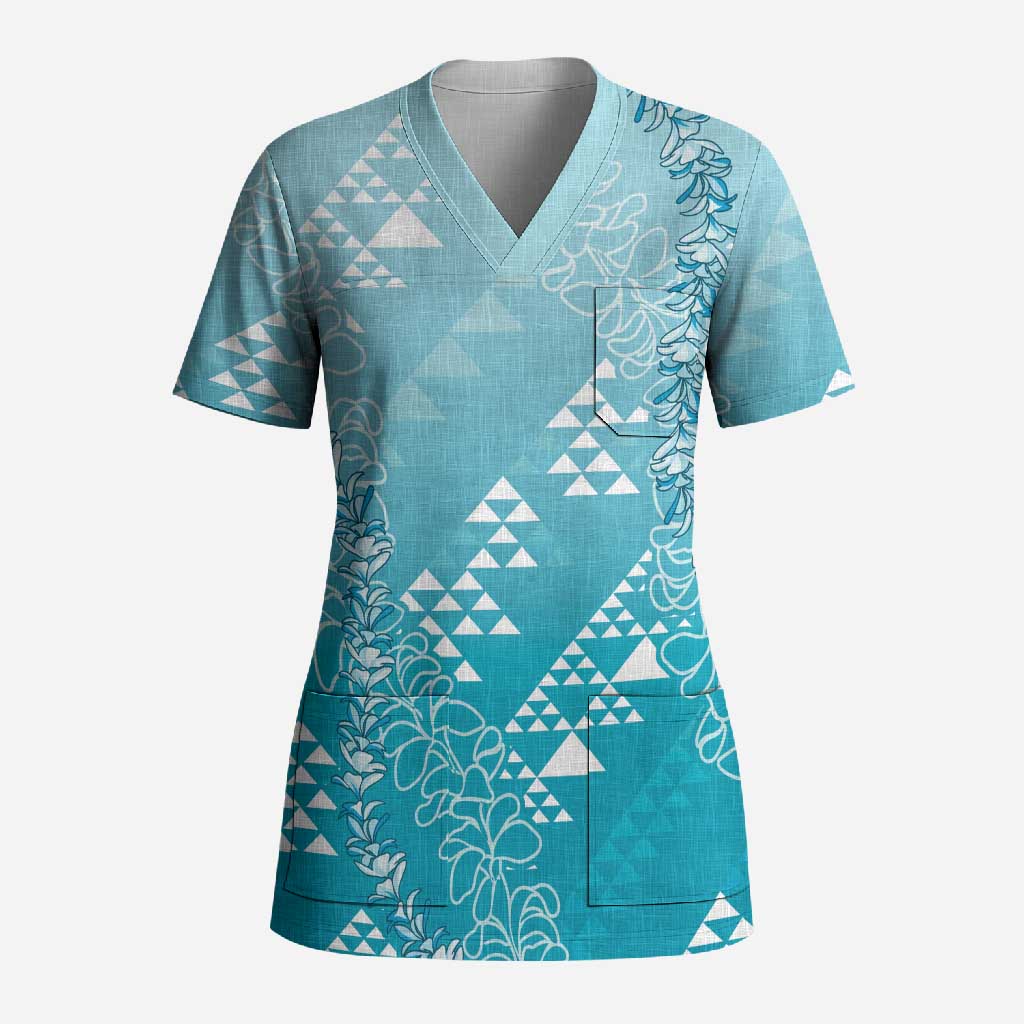 Hawaii Turquoise Kapa Scrub Top Vintage 'Ohe Kāpala Motifs Mix Plumeria Leis LT7 Adult Turquoise - Polynesian Pride