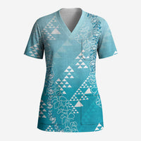 Hawaii Turquoise Kapa Scrub Top Vintage 'Ohe Kāpala Motifs Mix Plumeria Leis LT7 Adult Turquoise - Polynesian Pride