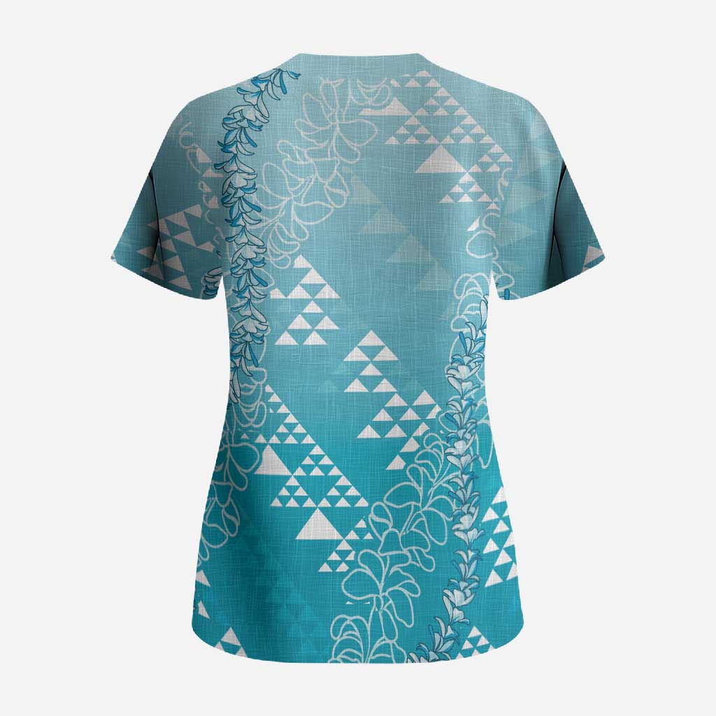 Hawaii Turquoise Kapa Scrub Top Vintage 'Ohe Kāpala Motifs Mix Plumeria Leis LT7 - Polynesian Pride