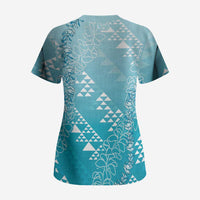 Hawaii Turquoise Kapa Scrub Top Vintage 'Ohe Kāpala Motifs Mix Plumeria Leis LT7 - Polynesian Pride
