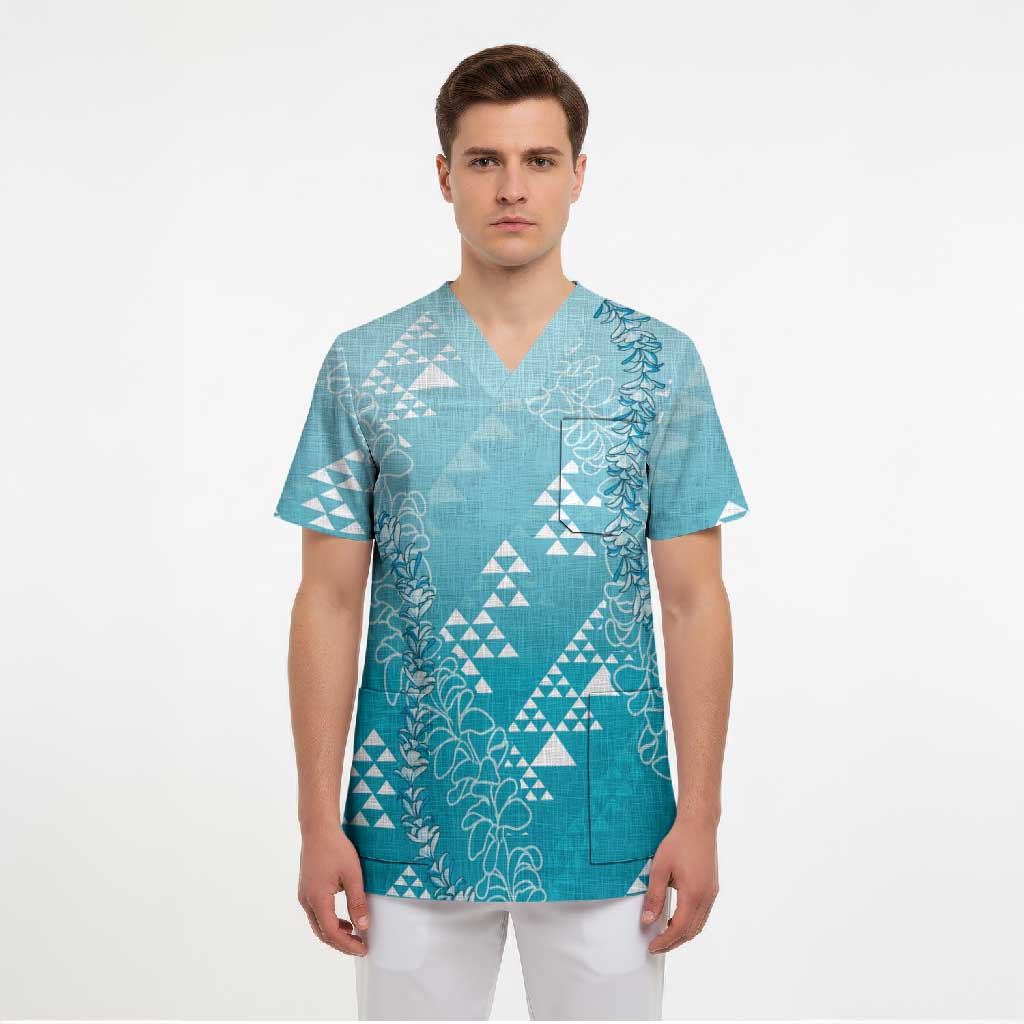Hawaii Turquoise Kapa Scrub Top Vintage 'Ohe Kāpala Motifs Mix Plumeria Leis LT7 - Polynesian Pride