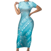 Hawaii Turquoise Kapa Short Sleeve Bodycon Dress Vintage 'Ohe Kāpala Motifs Mix Plumeria Leis