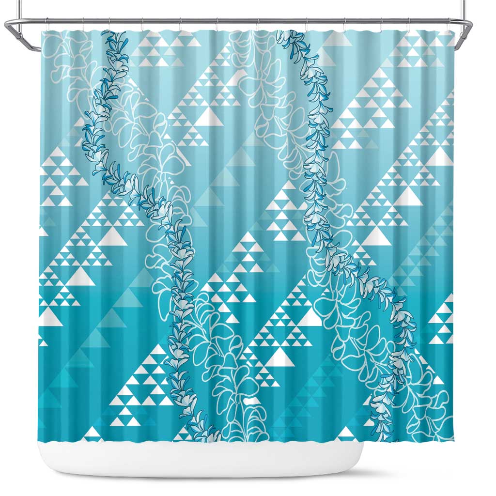 Hawaii Turquoise Kapa Shower Curtain Vintage 'Ohe Kāpala Motifs Mix Plumeria Leis