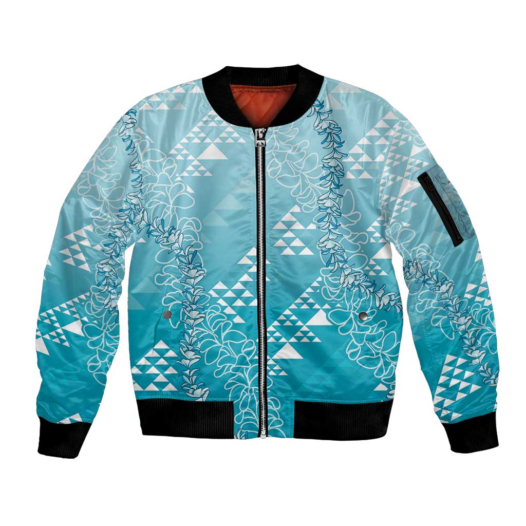 Hawaii Turquoise Kapa Sleeve Zip Bomber Jacket Vintage 'Ohe Kāpala Motifs Mix Plumeria Leis LT7 Unisex Turquoise - Polynesian Pride