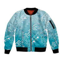 Hawaii Turquoise Kapa Sleeve Zip Bomber Jacket Vintage 'Ohe Kāpala Motifs Mix Plumeria Leis LT7 Unisex Turquoise - Polynesian Pride