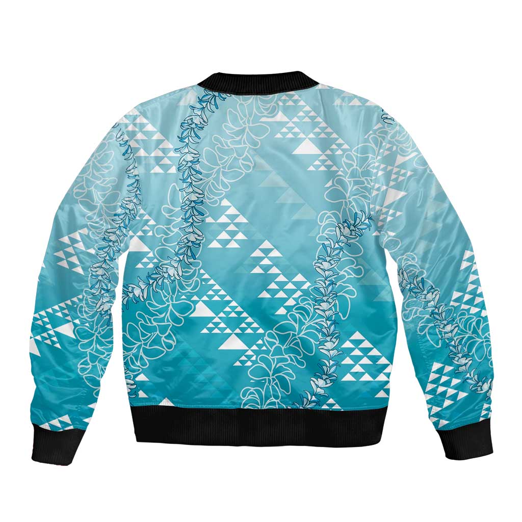Hawaii Turquoise Kapa Sleeve Zip Bomber Jacket Vintage 'Ohe Kāpala Motifs Mix Plumeria Leis LT7 - Polynesian Pride