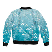 Hawaii Turquoise Kapa Sleeve Zip Bomber Jacket Vintage 'Ohe Kāpala Motifs Mix Plumeria Leis LT7 - Polynesian Pride