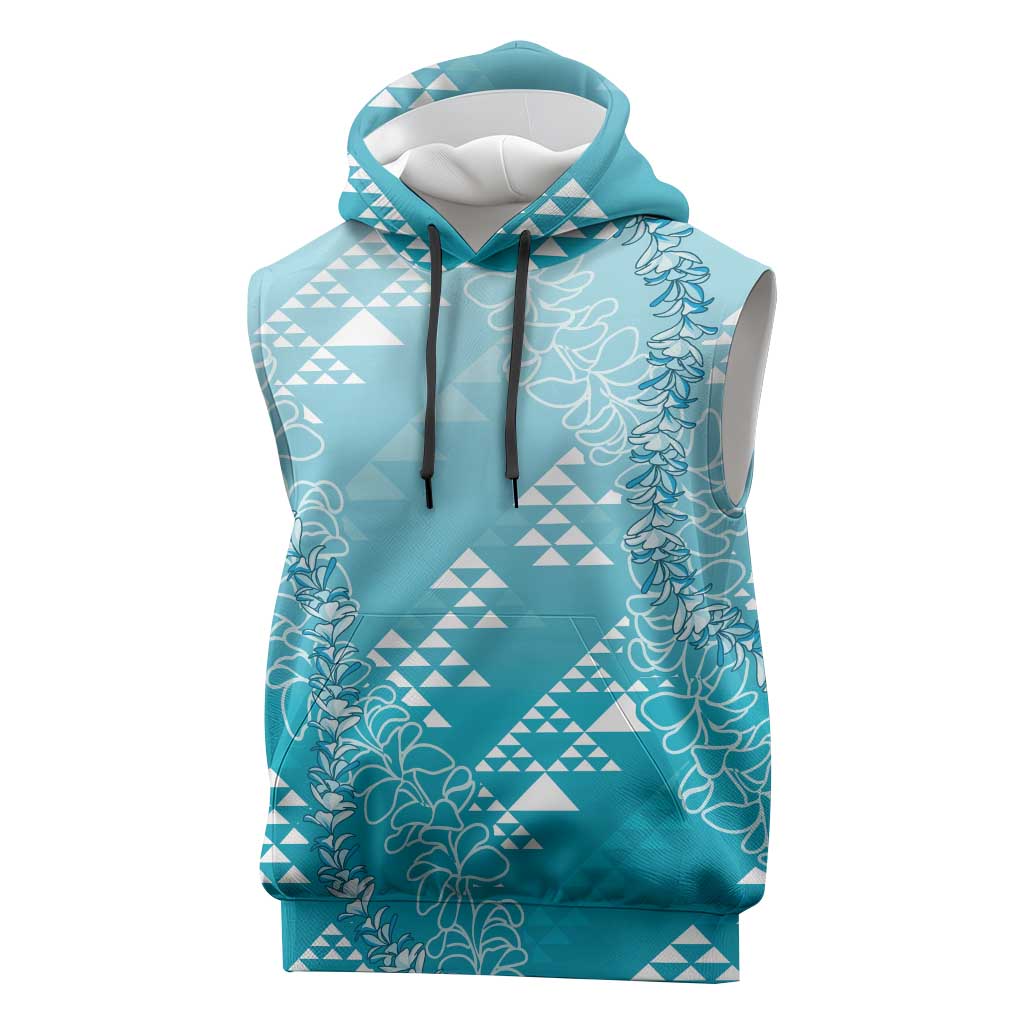 Hawaii Turquoise Kapa Sleeveless Hoodie Vintage 'Ohe Kāpala Motifs Mix Plumeria Leis