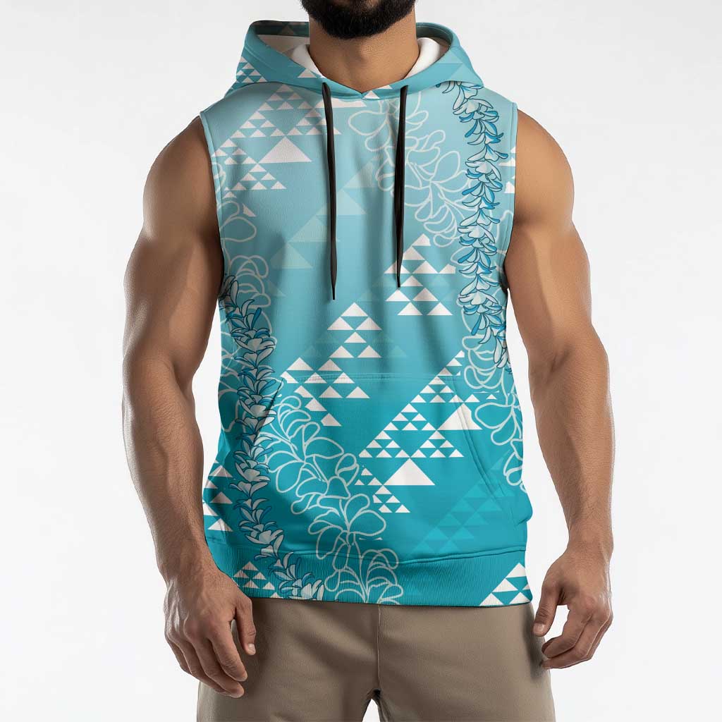 Hawaii Turquoise Kapa Sleeveless Hoodie Vintage 'Ohe Kāpala Motifs Mix Plumeria Leis