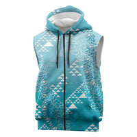 Hawaii Turquoise Kapa Sleeveless Zip Hoodie Vintage 'Ohe Kāpala Motifs Mix Plumeria Leis