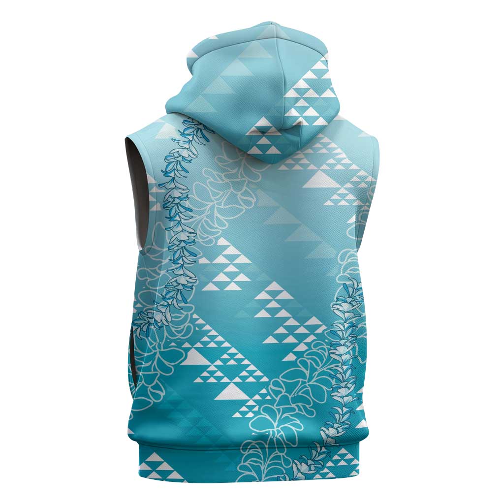 Hawaii Turquoise Kapa Sleeveless Zip Hoodie Vintage 'Ohe Kāpala Motifs Mix Plumeria Leis