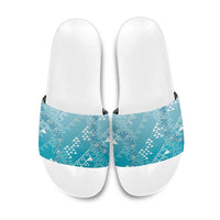 Hawaii Turquoise Kapa Slide Sandals Vintage 'Ohe Kāpala Motifs Mix Plumeria Leis
