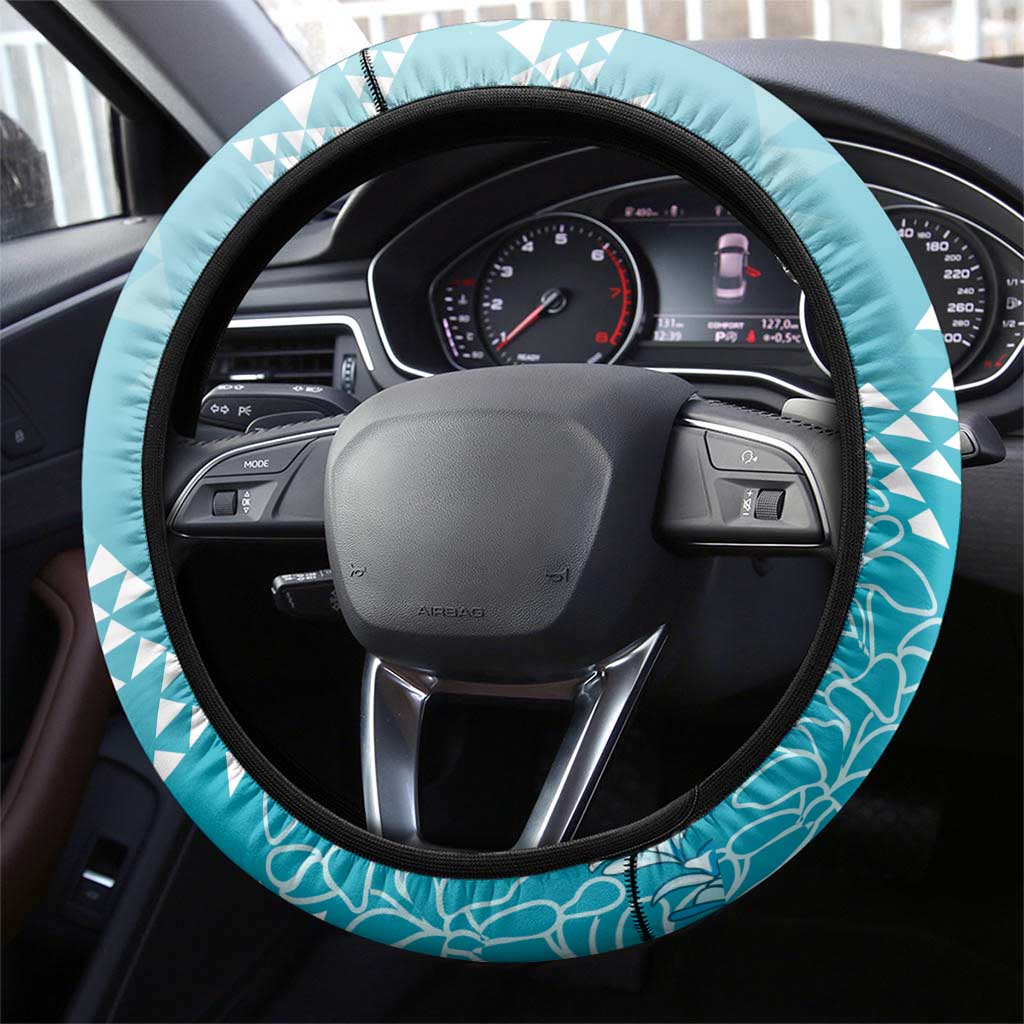 Hawaii Turquoise Kapa Steering Wheel Cover Vintage 'Ohe Kāpala Motifs Mix Plumeria Leis
