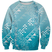 Hawaii Turquoise Kapa Sweatshirt Vintage 'Ohe Kāpala Motifs Mix Plumeria Leis