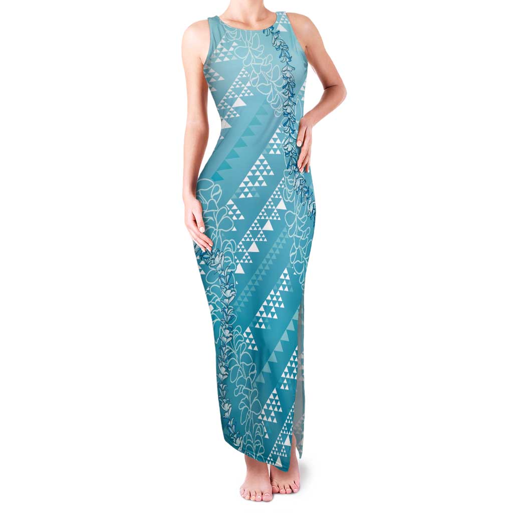 Hawaii Turquoise Kapa Tank Maxi Dress Vintage 'Ohe Kāpala Motifs Mix Plumeria Leis