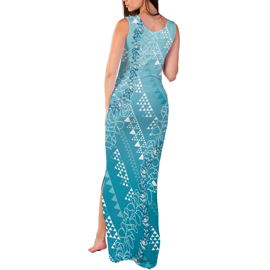 Hawaii Turquoise Kapa Tank Maxi Dress Vintage 'Ohe Kāpala Motifs Mix Plumeria Leis