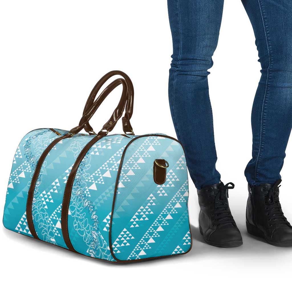 Hawaii Turquoise Kapa Travel Bag Vintage 'Ohe Kāpala Motifs Mix Plumeria Leis