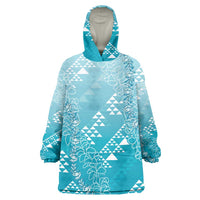 Hawaii Turquoise Kapa Wearable Blanket Hoodie Vintage 'Ohe Kāpala Motifs Mix Plumeria Leis