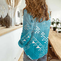 Hawaii Turquoise Kapa Women Casual Shirt Vintage 'Ohe Kāpala Motifs Mix Plumeria Leis