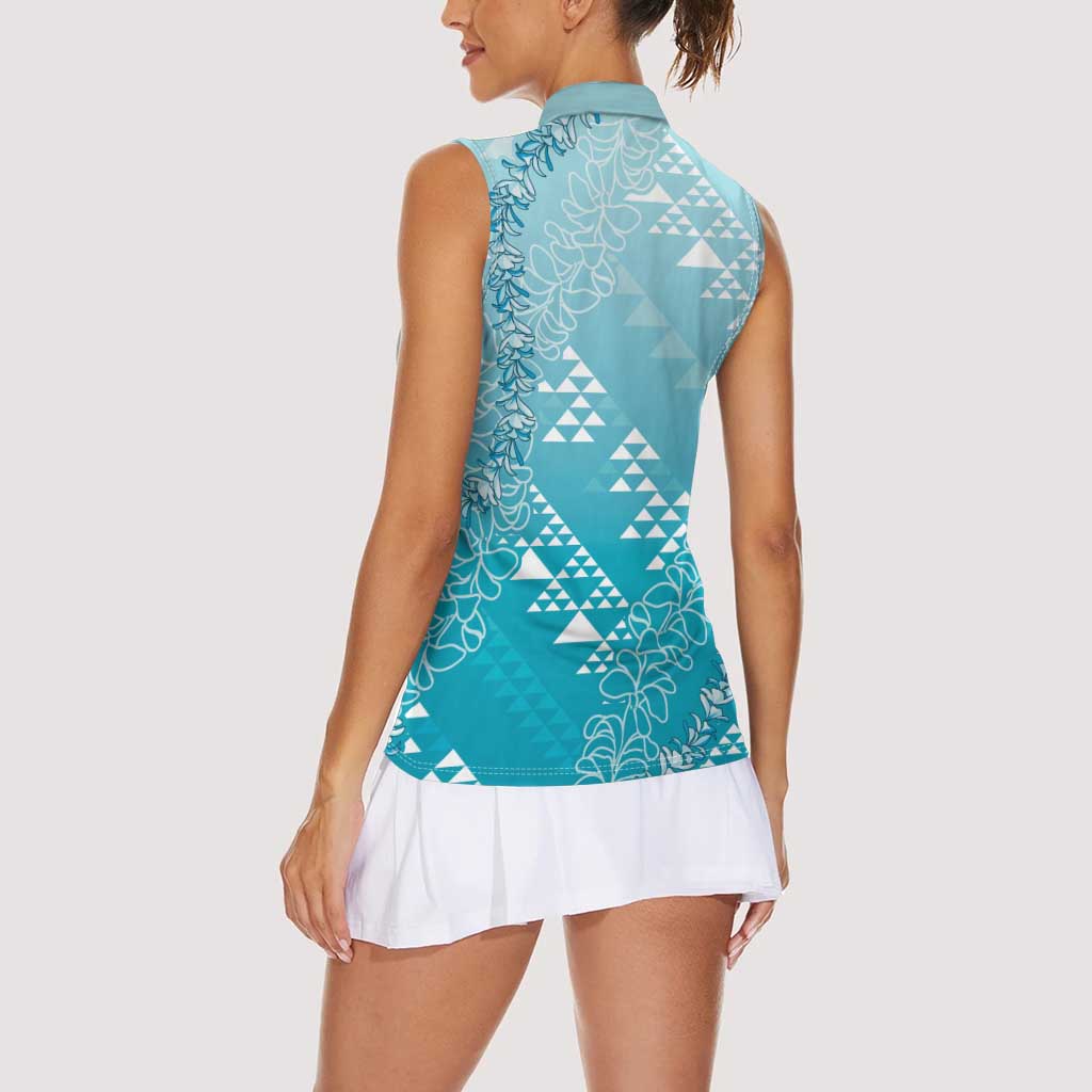 Hawaii Turquoise Kapa Women Sleeveless Polo Shirt Vintage 'Ohe Kāpala Motifs Mix Plumeria Leis