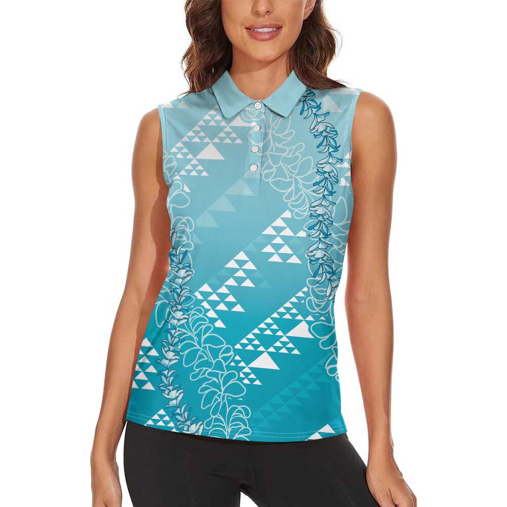 Hawaii Turquoise Kapa Women Sleeveless Polo Shirt Vintage 'Ohe Kāpala Motifs Mix Plumeria Leis