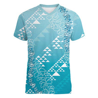 Hawaii Turquoise Kapa Women V-Neck T-Shirt Vintage 'Ohe Kāpala Motifs Mix Plumeria Leis