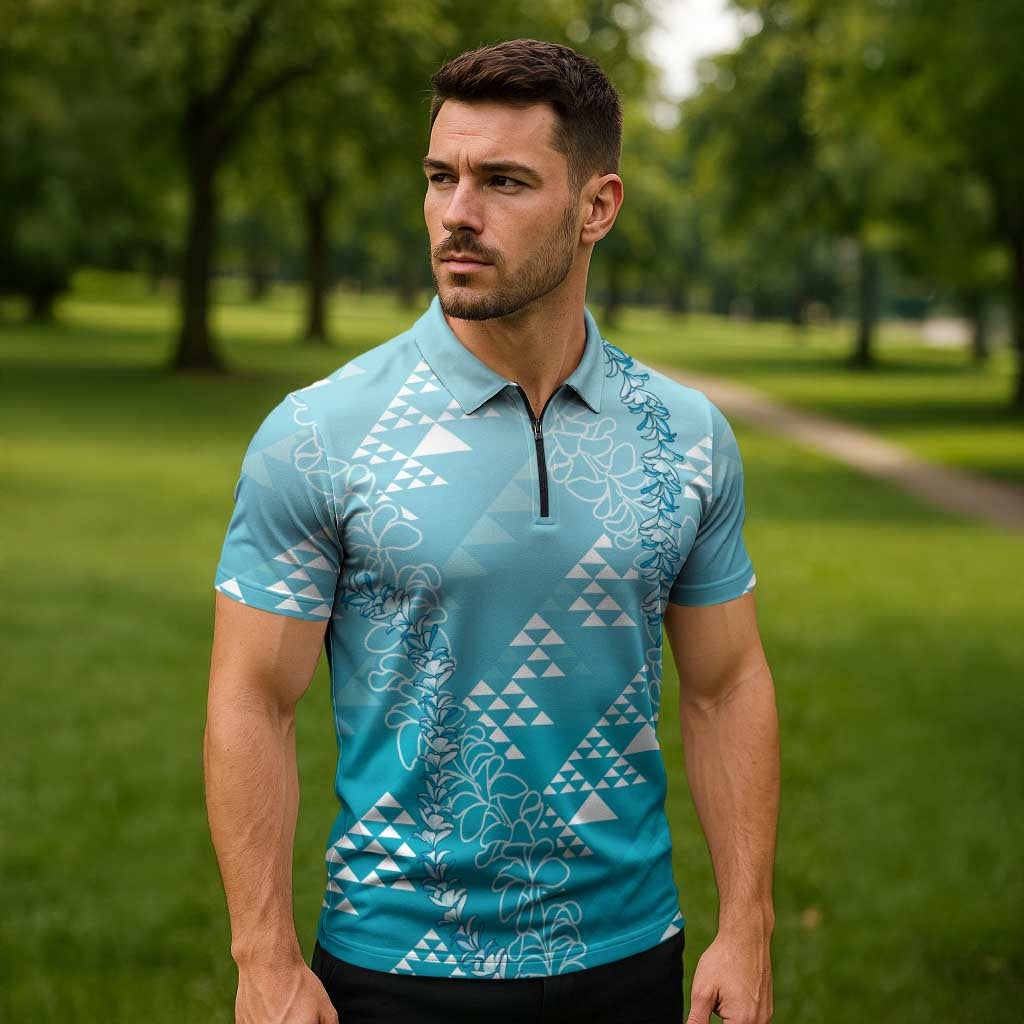 Hawaii Turquoise Kapa Zipper Polo Shirt Vintage 'Ohe Kāpala Motifs Mix Plumeria Leis