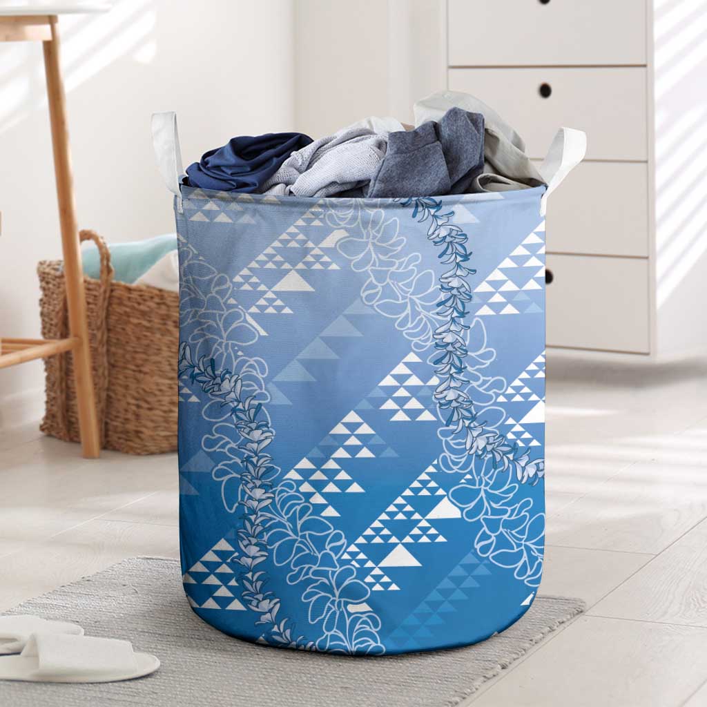 Hawaii Royal Blue Kapa Laundry Basket Vintage 'Ohe Kāpala Motifs Mix Plumeria Leis