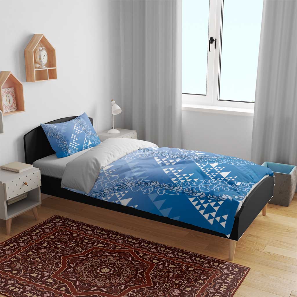 Hawaii Royal Blue Kapa Bedding Set Vintage 'Ohe Kāpala Motifs Mix Plumeria Leis