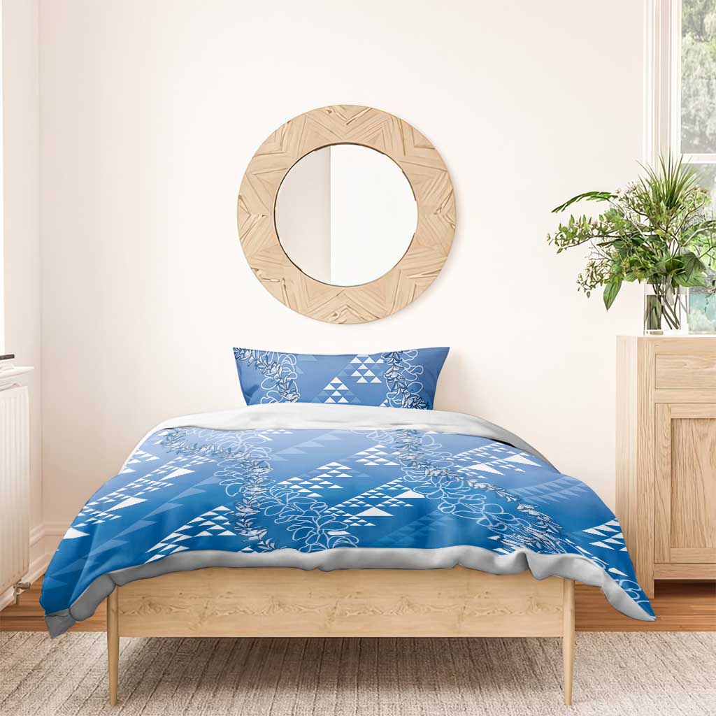 Hawaii Royal Blue Kapa Bedding Set Vintage 'Ohe Kāpala Motifs Mix Plumeria Leis